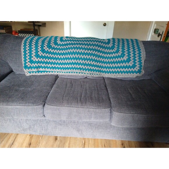 Afghan Throw Blanket Handmade Crochet Teal Gray Squares 60x50 in granny core - Picture 9 of 11
